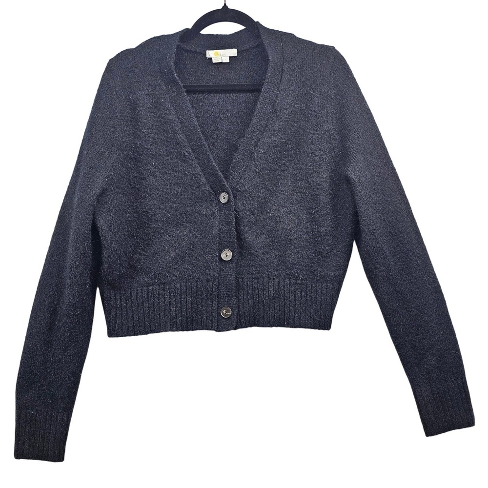 Boden Womens Cropped V-Neck Cardigan‎ Sweater Black Fuzzy Knit Size L